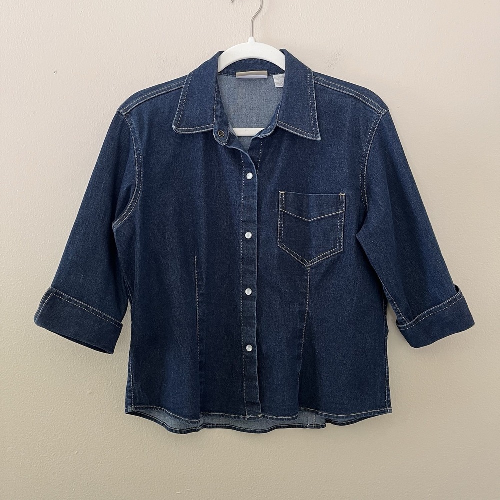 Women's Denim Button Up Pearl Snap Western 90s 3/4 Sleeve 90s Dark Blue Boho